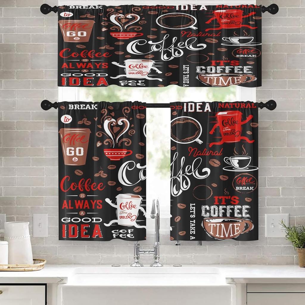 Coffee Kitchen Window Curta Valance and Tier Set 36 Inch, Black Red Cute Rod Pocket Short Tier Curtain, Retro Brown White Doodle Small Cafe Drapes