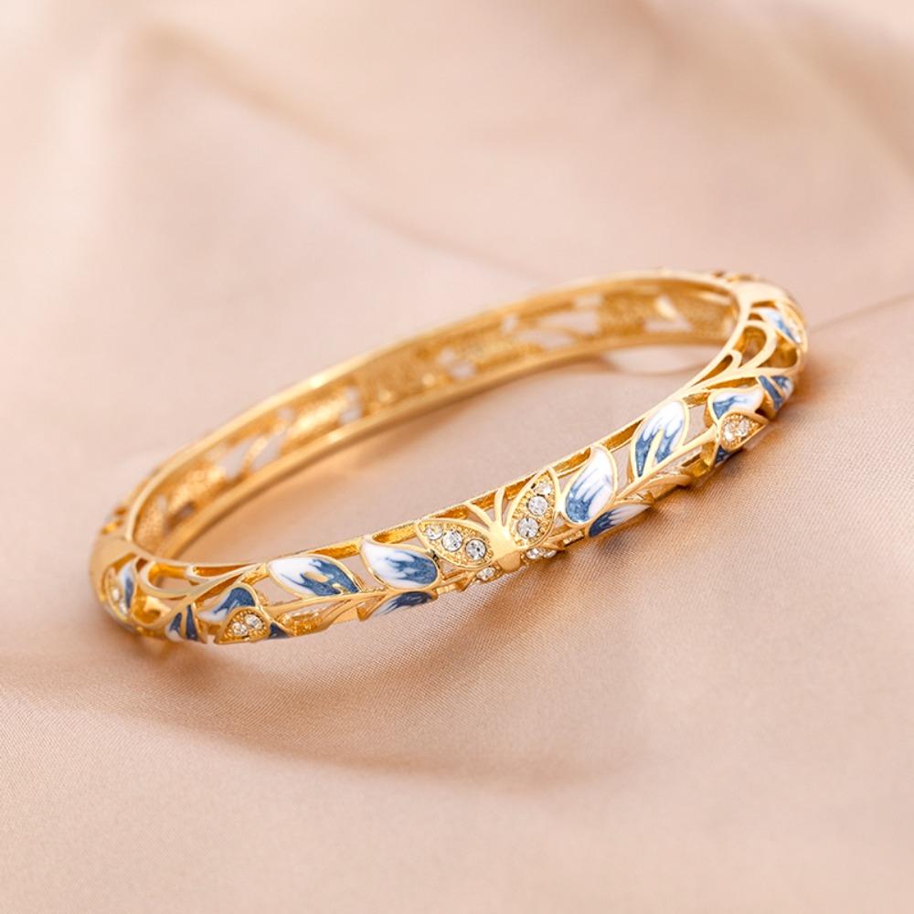 Shiny Vintage Cloisonne Bangle Ethnic Hollow Out Flower Bangle Drip Oil Enamel Bracelet  Girls