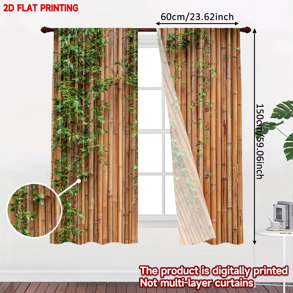 Set aus 2 Vorhängen mit Polyester-Struktur, flacher Digitaldruck, natürliche Holzmaserung, grünes Blattmuster, Dekoration für Wohnzimmer, Schlafzimmer, ideal für Bereiche