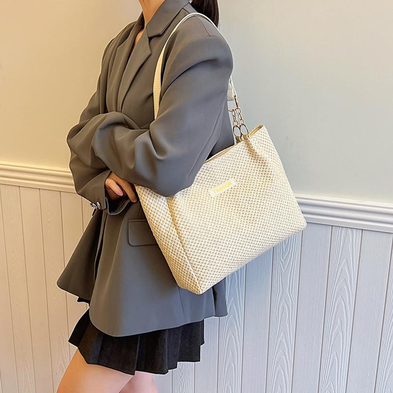 Trendy Korean Simple Design Woven Tote Bag Fashionable Beige And Khaki Options