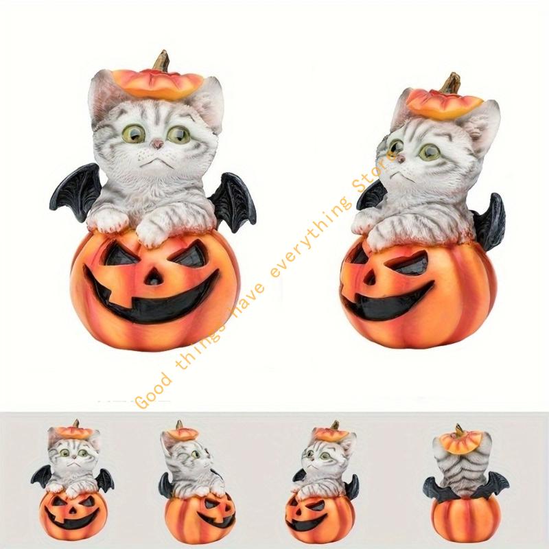Halloween Kürbis Dekorationen Harz Kürbis Figuren mit Katzen Mittelstücke für Außen Innen Feengarten Dekorationen 55KF