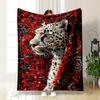 Red Intricate Carpet Pattern with Abstract Shapes Surrounding a Leopard. for All Seasons Blanket Lunch Break Throw Gift