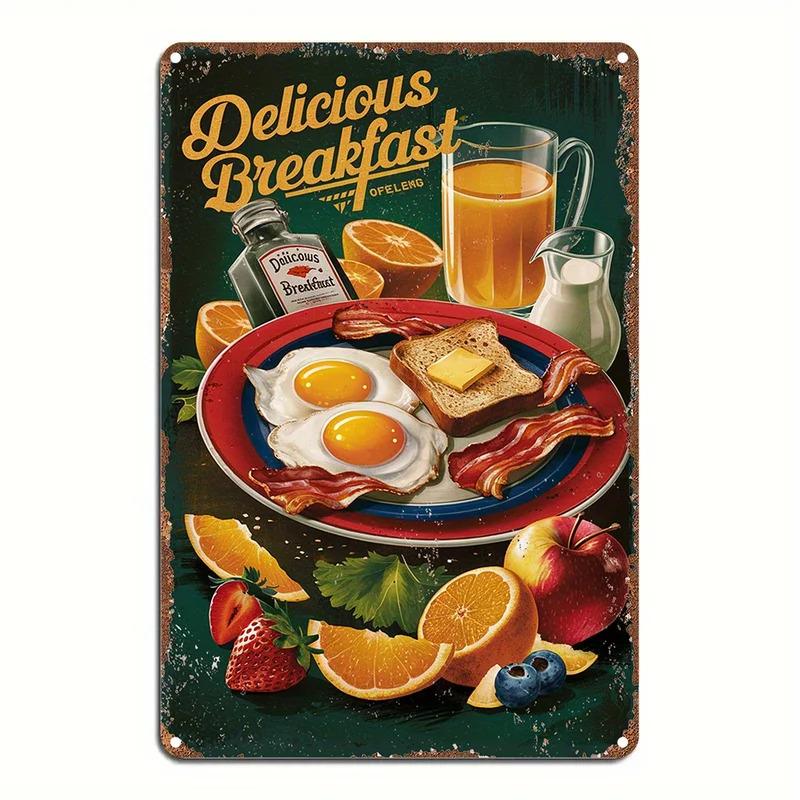 Vintage Breakfast Metal Wall Art Retro Iron Sign with Classic Breakfast Foods Perfect for Home Kitchen Bar Cafe and More