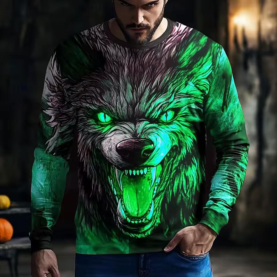 Vtipné 3D Vlčí Vzor Pánské Tričko Hip Hop Trend Harajuku Streetwear Ležérní O-výstřih Dlouhý Rukáv Top Jaro Podzim Volné Oblečení