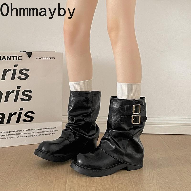 Autumn Winter Belt Buckle Women Pipe Fashion Height Increase Retro Platform Thick Sole Ladies Knight Short Booties