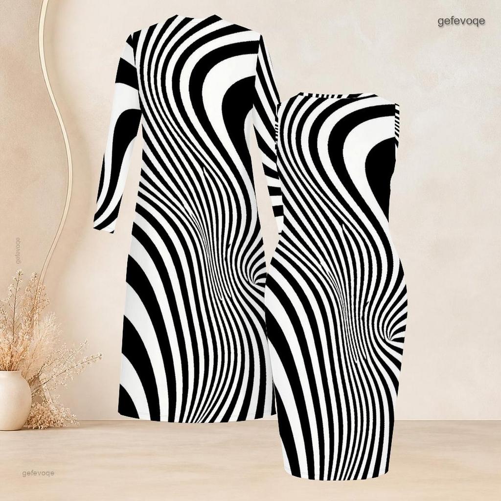 Women Plus Size Two Piece Set Long Sleeve Open Front Cardigan Sleeveless Bodycon Dress Black White Striped Printed