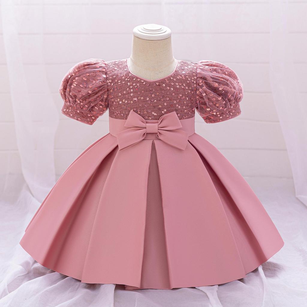 New European & American 1-Year-Old Girls' Bow Princess Dress with Puff Sleeves & Sequined Skirt