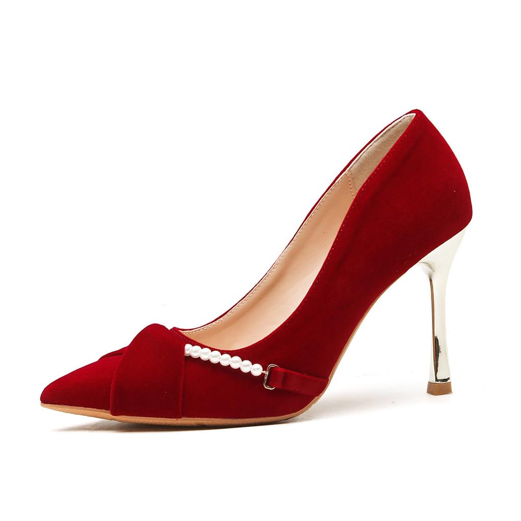 Bride and Bridesmaid Wedding Wedding Thin Heel Pointed High Heels Women's Suede Red Pearl Buckle Single Shoes Women