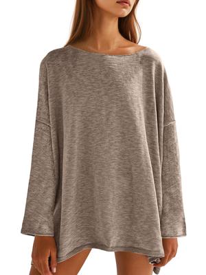 Womens Oversized Long Sleeve Tunic Top Lightweight Knit Sweater Crew Neck Side Slit Casual Loose Blouse