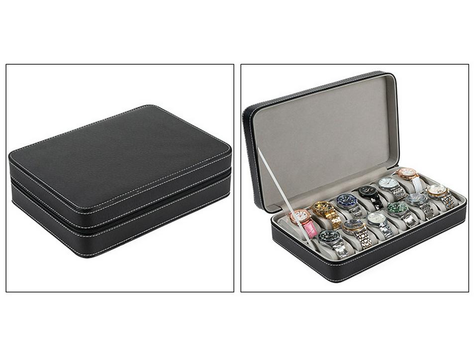 Portable Black and Blue-Gray Leather Zipper Watch Box with 6, 10, or 12 Slots - Flip-Top Jewelry Storage