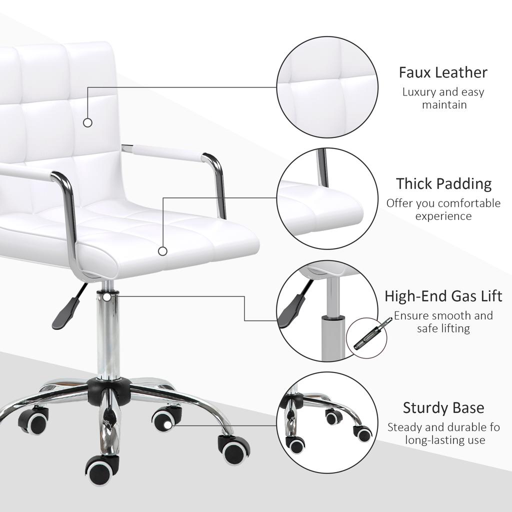 Makeup Vanity Chair, PU Leather Mid Back Office Chair with Adjustable Height, Armrest and Rolling Wheels, White