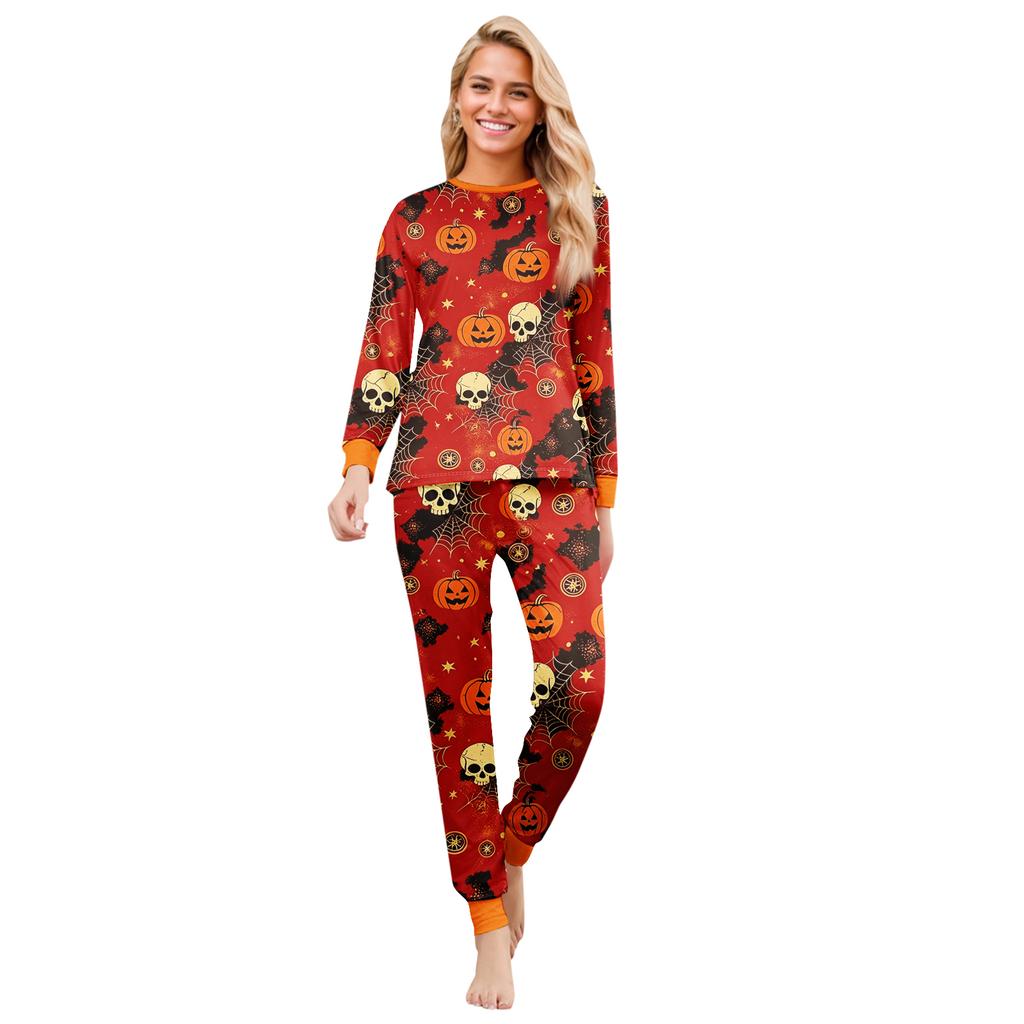 Family Matching Halloween Printed Pajama Set Long Sleeve Top and Pants for Parents and Kids