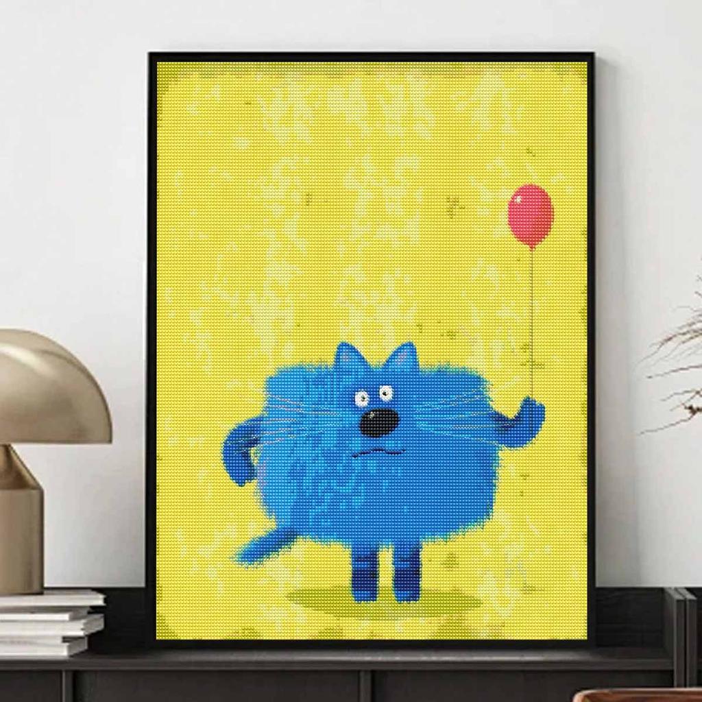 Diamond Painting Kit Blue Cartoon Cat Balloon. Full Diamond Round Mosaic Handmade. Home Decoration Gift