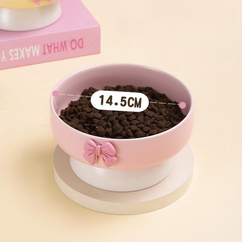 Cute Large Capacity Ceramic Cat Bowl Macaron Colors Non-Slip Base Elevated Pet Bowl with Bow Pet Feeding Bowl for Puppy Cats
