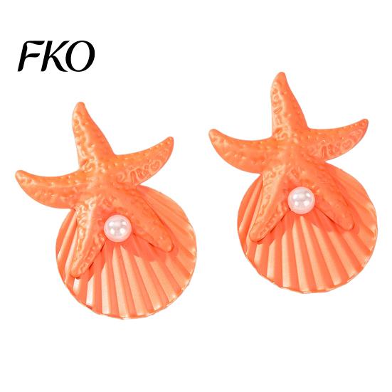 Metal Texture Earrings 1 Pair Starfish Shell Dangle for Women, Faux Lightweight Summer Pearl Bohemian Beach Earrings, Statement Vacation Jewelry
