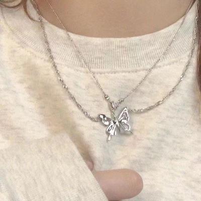 Silver Color Heart Butterfly Pendant Necklace For Women Double Layer Clavicle Chain Trendy Party Jewelry Gift