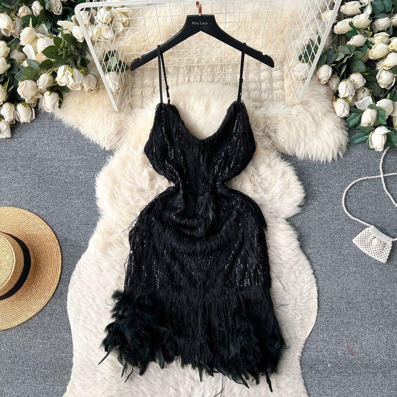 Feather Dress Ins Open Back Sling Tassel Sequins