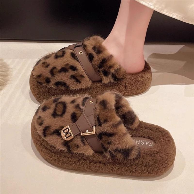 Women's Winter Leopard Print Anti Slip Cotton Shoes