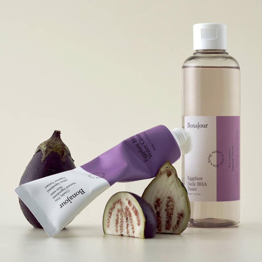 Bonajour Vegan Eggplant Daily BHA Toner 205ml + Water Cream 50ml Set Pore Care Exfoliating Moisturizing Skincare Kit K-Beauty