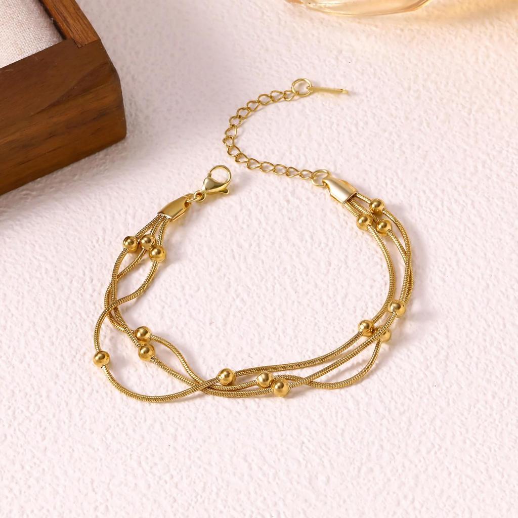 Stainless Steel Triple-Layer Snake Chain Bead Clasp Bracelet - Gold-Plated, Stackable Round Chain
