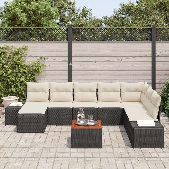 VidaXL Ensemble de canapés de jardin 9 pièces avec coussins noir rotin poly acacia 3347992