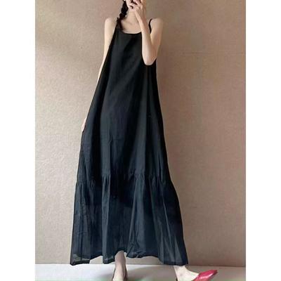 Cotton and Linen White Dress Minimalist Spliced Strap Elegant New Loose Artistic Long Skirt