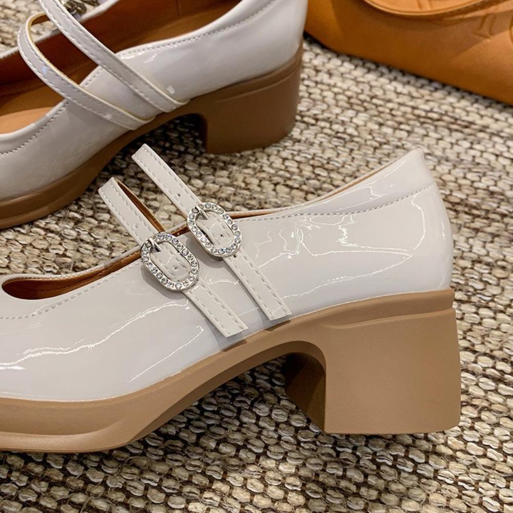 Fashion New Women Pumps Round Toe Shallow Slip on Loafers Ladies Patent Leather Thick Heel Casual Office Mary Jane Shoes