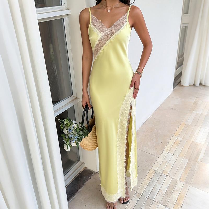 New Soft and Sensual Pure-color Satin Lace Halter Dress