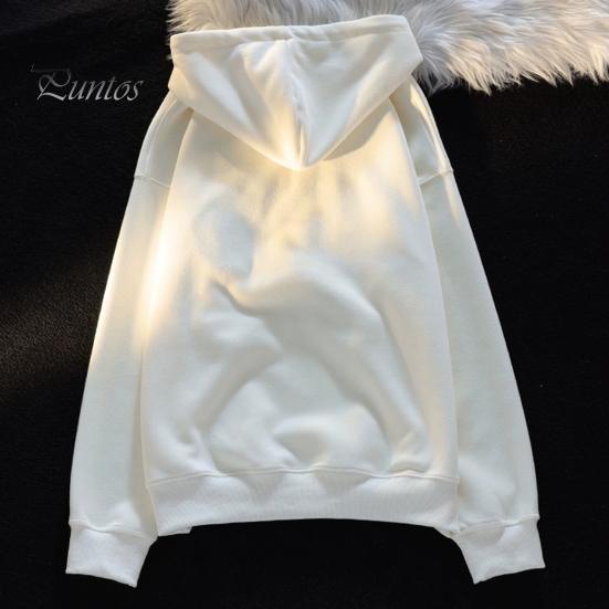 Fall Winter Women Hoodie Drawstring Elastic Cuff Thick Cat Embroidery Fleece Oversize Patch Pocket Loose Long Sleeves Pullover Warm Couple Top
