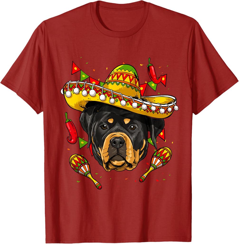 Cinco De Mayo Rottweiler Sombrero Dog Graphic Tee Casual Cotton Short Sleeve T-Shirt for Men Women