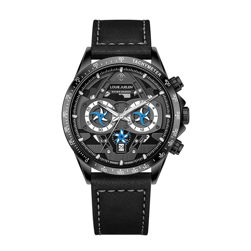 Men's Sports Watches Waterproof Real Three- Eyes Calendar Quartz Watch Leather Strap Multifunction Casual Watch Reloj Hombre