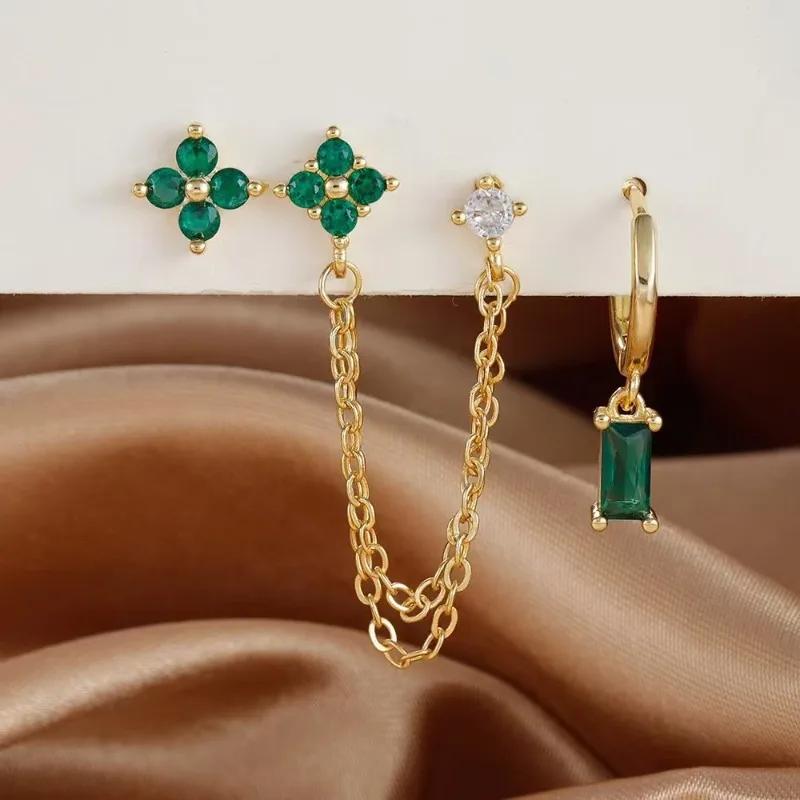 PONYKISS Tibetan Silver Zircon Flower Square Chain Stud Earrings for Women Trendy Plant Fashion Minimalist Accessories