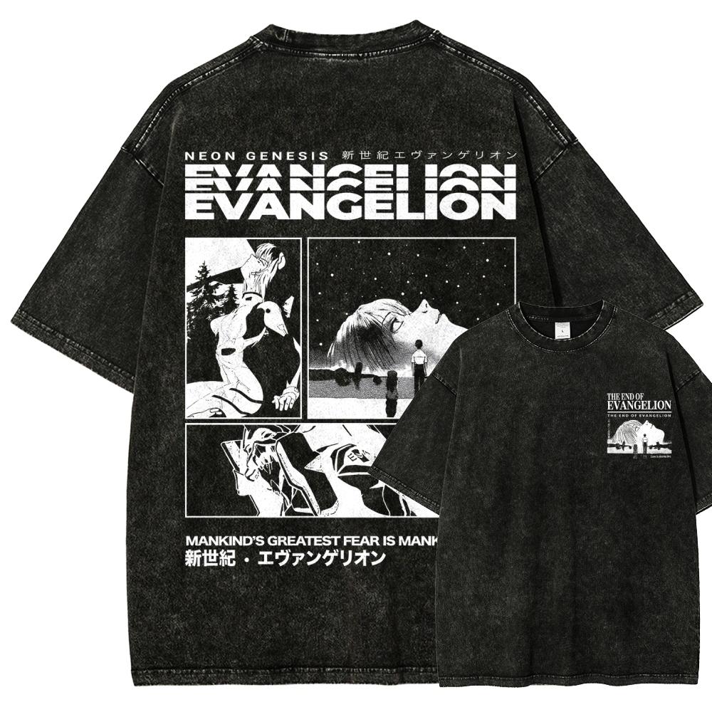 Neon Genesis Evangelion Anime Lover Washed T-shirt Year Round Clothing High Quality Personality Clothes Plus Size Unisex New Model Couples Tee