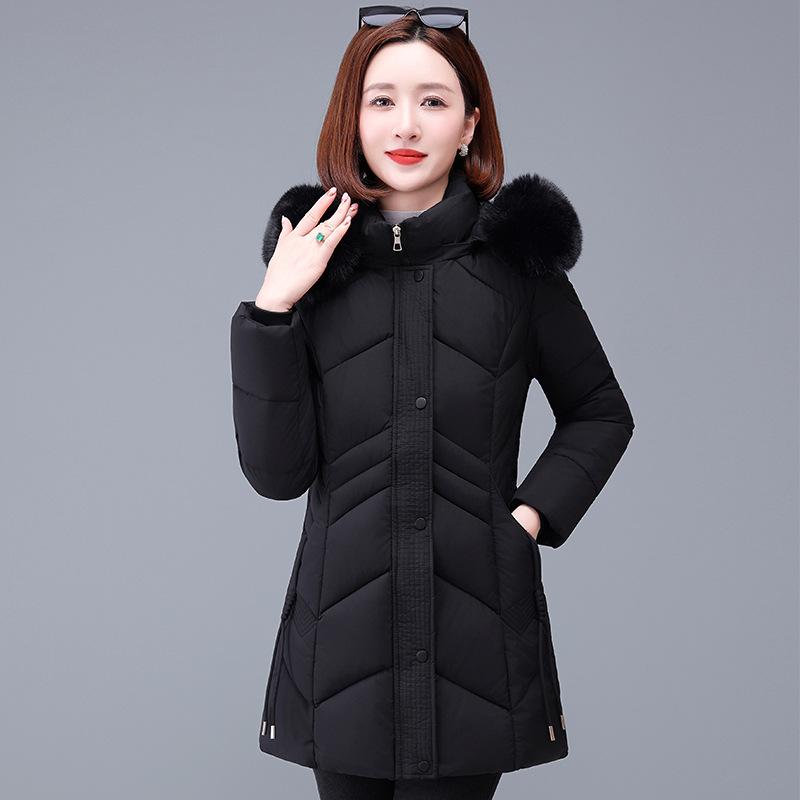 Women's Mid-Length Slimming Down Cotton Jacket with Large Fur Collar - Winter Padded Coat for Mothers & Elderly.