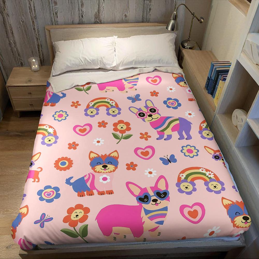 Colorful Puppy & Floral Flannel Blanket Warm Soft Halloween Christmas Couch Warm Cozy Decorative Decor Gift for All Season