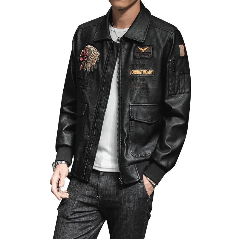 Giacca da uomo in pelle PU Giacca da moto da uomo con bavero ricamato Giacca in pelle casual di tendenza da uomo per primavera e autunno