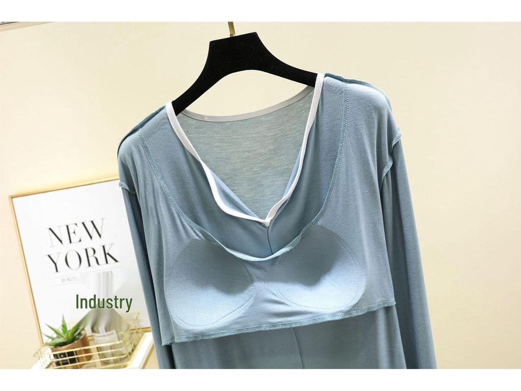 Modal Long-Sleeve Chest Pad Pajama Set for Women - Autumn/Winter Casual Two-Piece with Edging