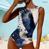Women Plus Size High Round Neck Sleeveless One Piece Swimsuit Firework Printed Navy Blue
