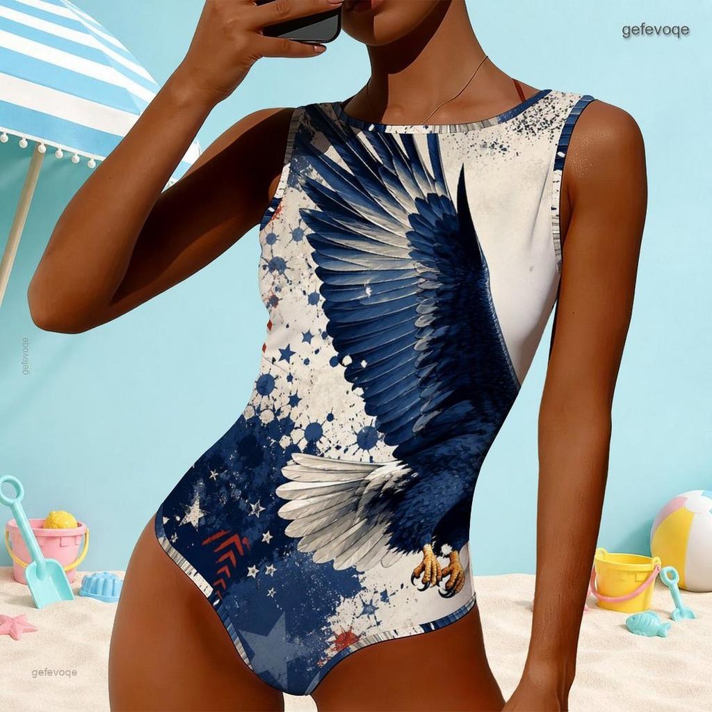 Women Plus Size High Round Neck Sleeveless One Piece Swimsuit Firework Printed Navy Blue