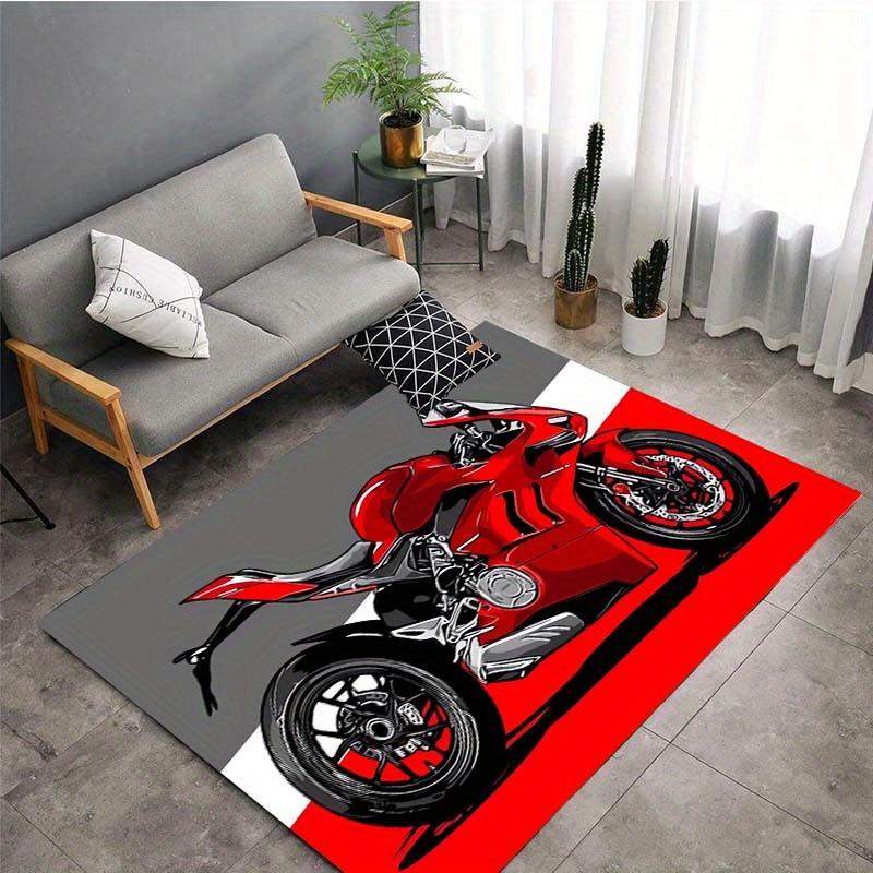 Vibrant Red Motorcycle Print Carpet-non-slip, Machine Washable Polyester, Ideal for Bedroom Floor Mat Decoration