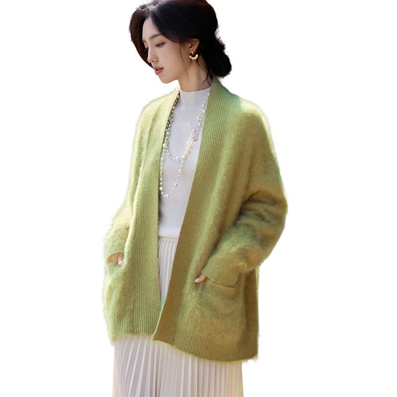 Women's V-Neck Heavyweight Pure Wool Cardigan Coat - Autumn/Winter Style, Pocketed, Buttonless, Plush Long Hair, Plus Size, Mid-Length