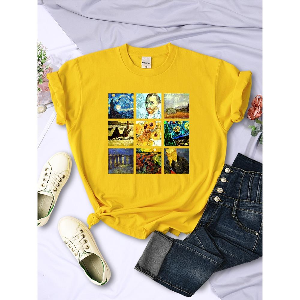 Van Gogh Works Sanskrit Printed Female Tops Breathable Casual T Shirts Fashion Short Sleeve Women Crewneck Street Tshirt