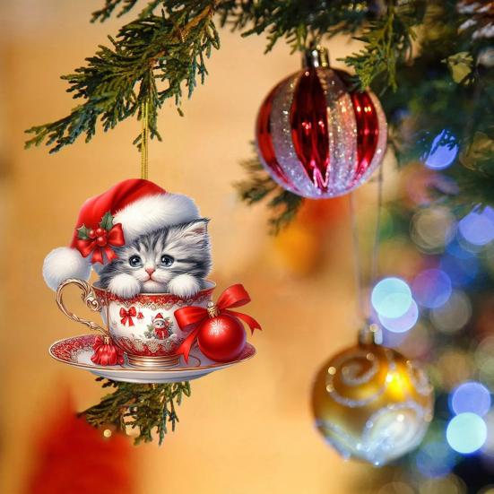 Acrylic Teacup Cat Hanging Ornaments Cute Cartoon Cat Christmas Ornament 2D Flat Car Mirror Charm for Christmas Tree Decoration KTY