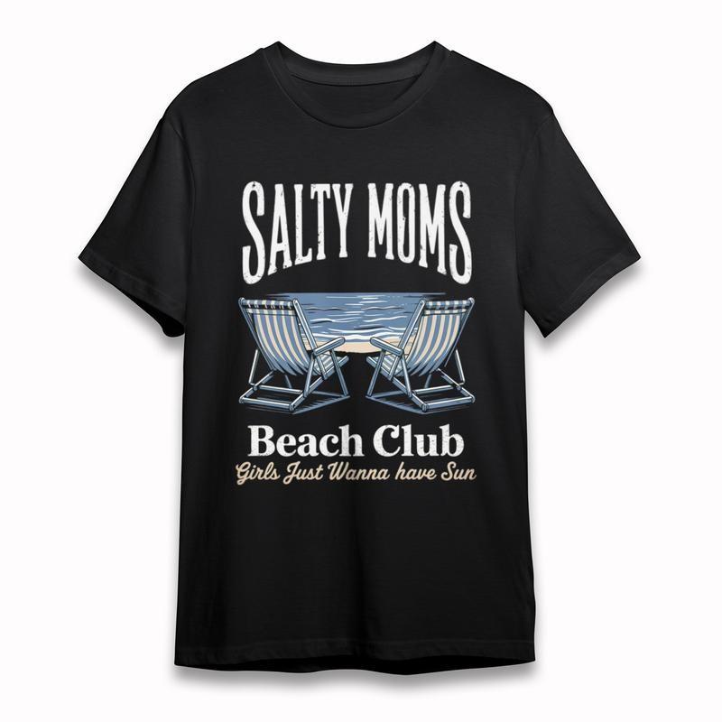 

Women s Plus Size T-Shirt Salty Moms Beach Club Retro Striped Chair Design Tee XL
