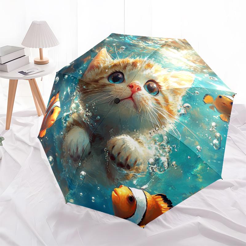 1 PC Automatic Folding Umbrella - Kitten Clownfish Pattern, Portable & Foldable Design with 8 Ribs, Christmas Birthday Gifts