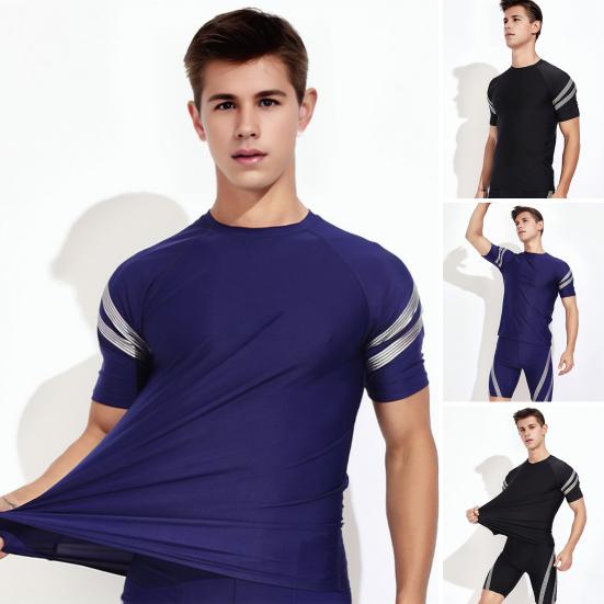 Herren Badeshorts Wassersport Oberteil O-Ausschnitt Kurzarm Slim Fit Elastisch Atmungsaktiv Schnelltrocknend Gestreift Knielange Hose Surfen Waten Sport