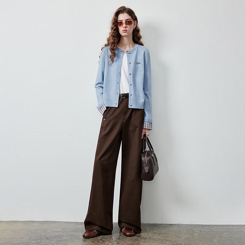 CHUYY Fall 2026 Crew Neck Knit Cardigan with Plaid Embroidery
