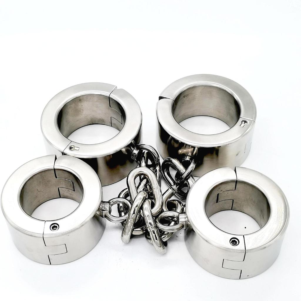 Stainless Steel Extra Heavy Locking Handcuffs, Foot Cuffs & Collar Set for Adult Use