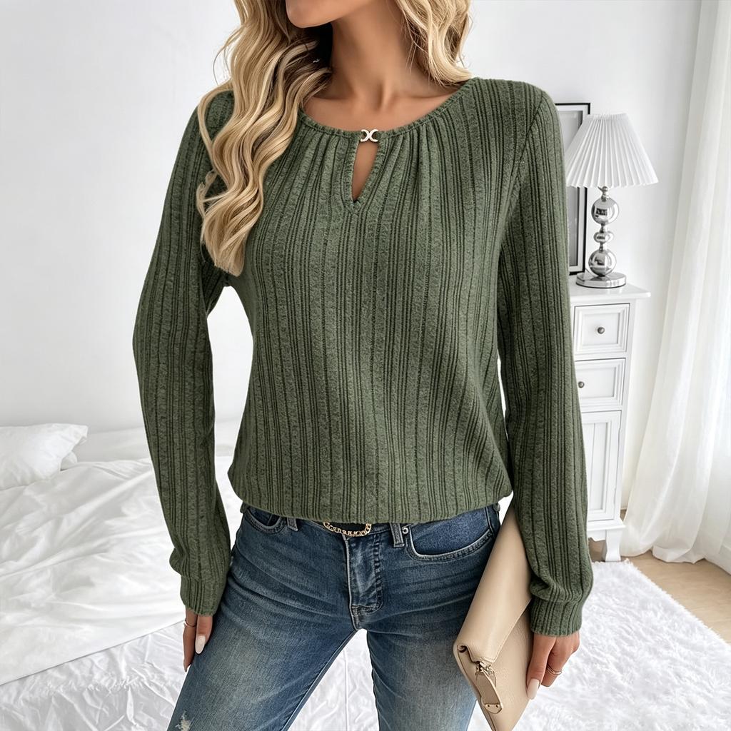 Women's Ribbed Knit Long Sleeve Top with Buttons and Cutout Neckline for Casual Everyday Wear