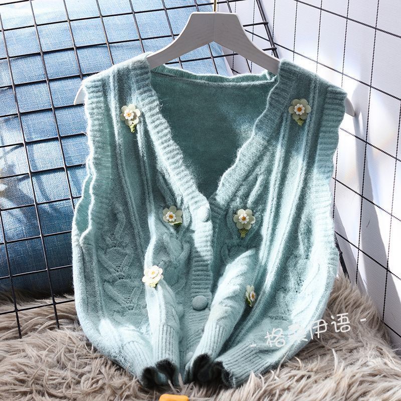 Soft Style V-neck Embroidered Knitted Vest Women's Loose Autumn Korean-style Outerwear Sleeveless Sweater Cardigan